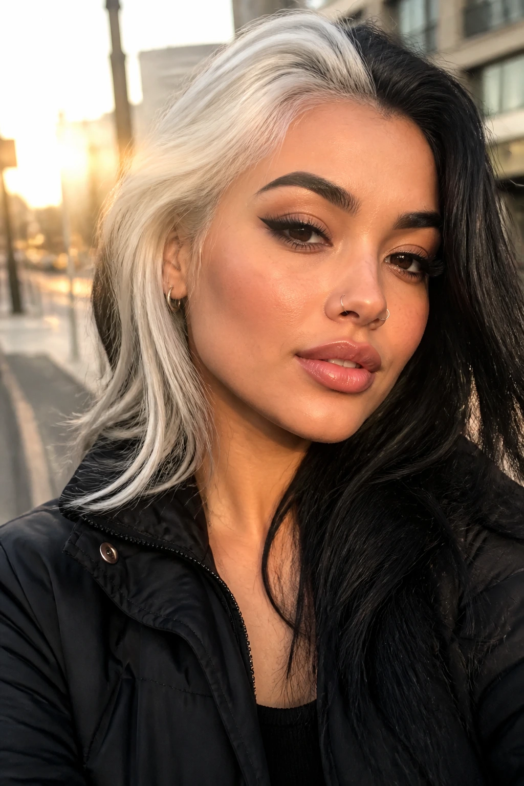 Portrait of a real woman with platinum and black edge hairstyle in outdoor lighting.