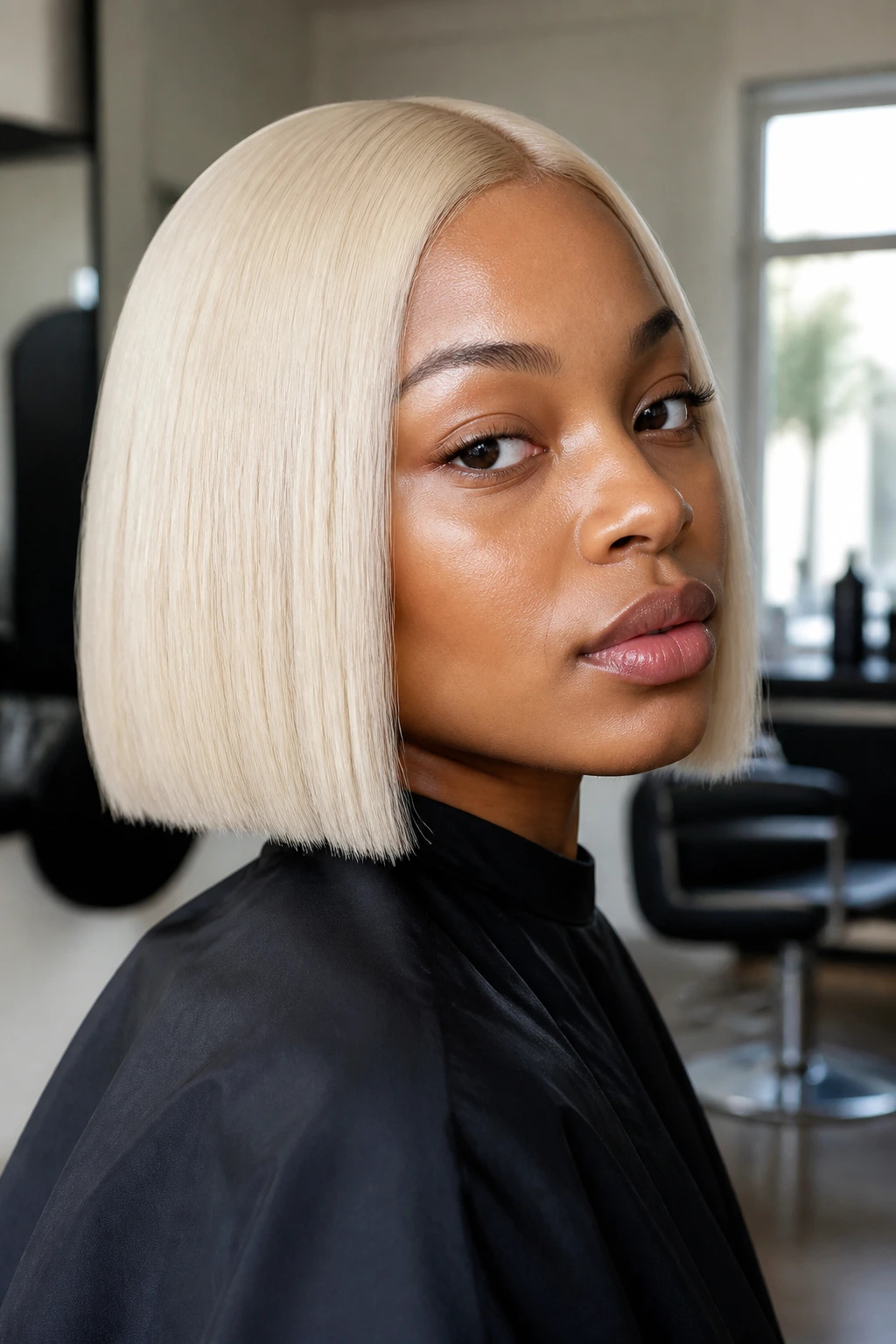 Portrait of a real woman with platinum blonde blunt-cut bob