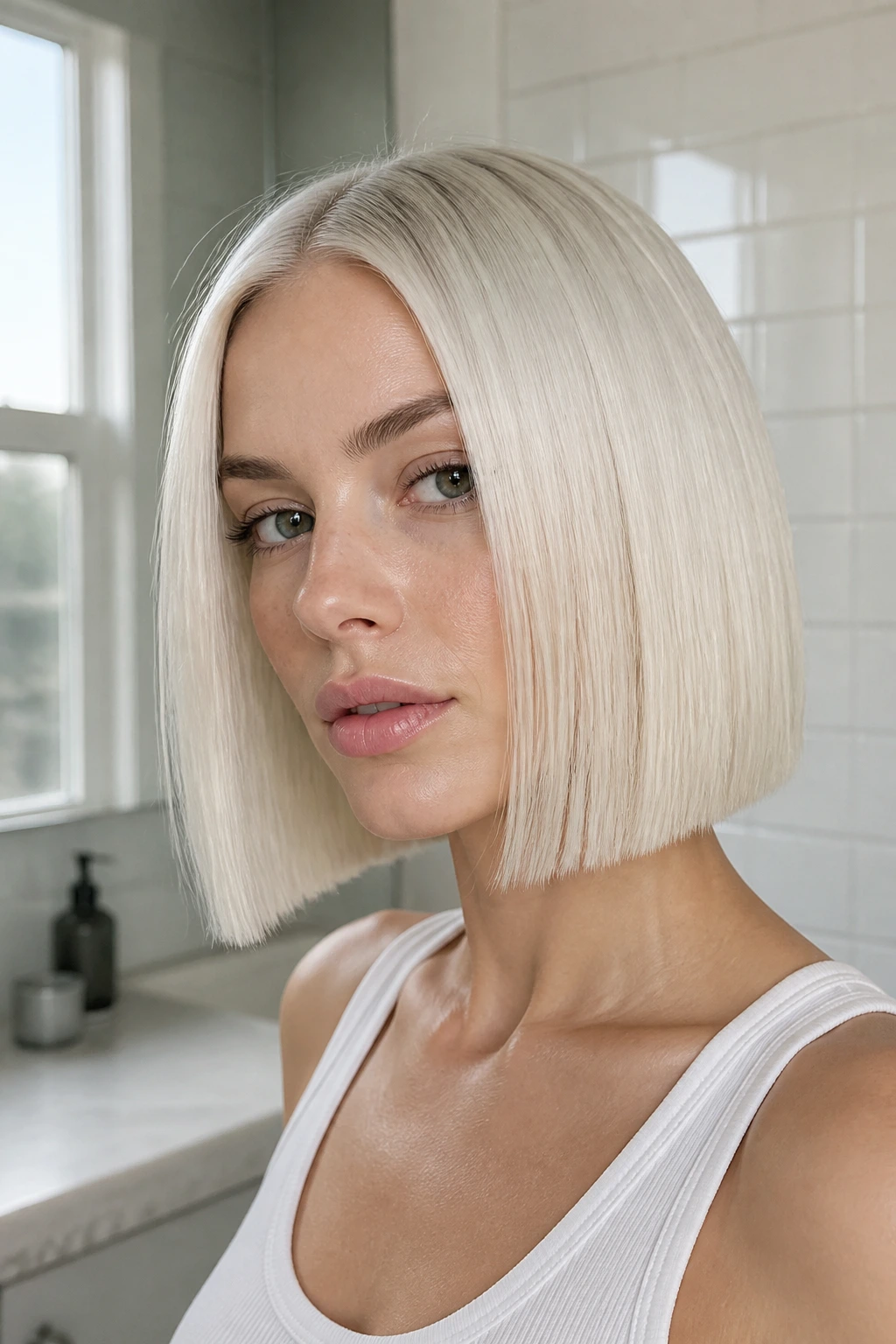 Portrait of a real person with platinum blonde blunt lob in bright bathroom light