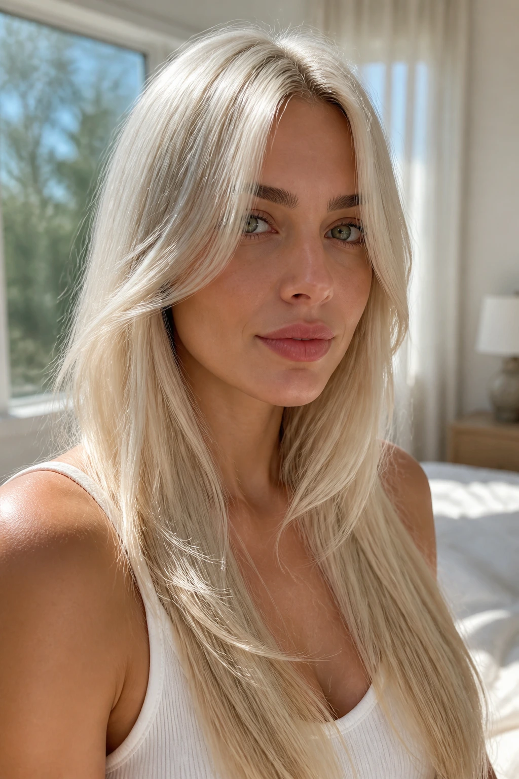 Close-up of a woman with platinum blonde curtain bangs