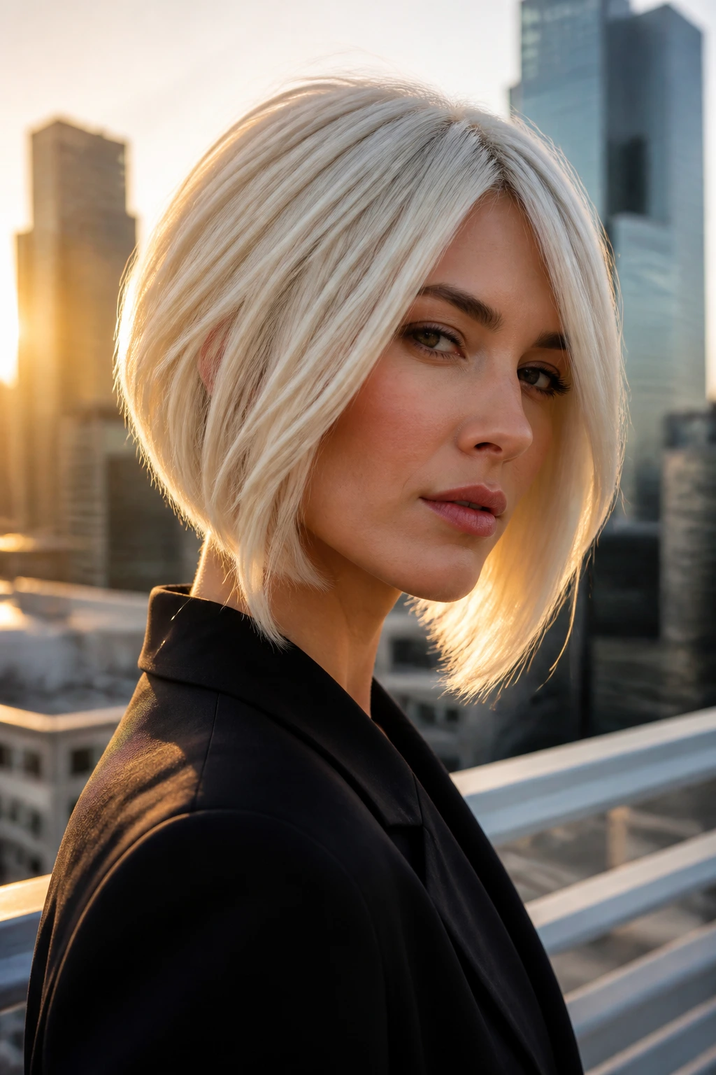Close-up of a real woman with a platinum-blonde stacked bob highlighting geometric shapes.