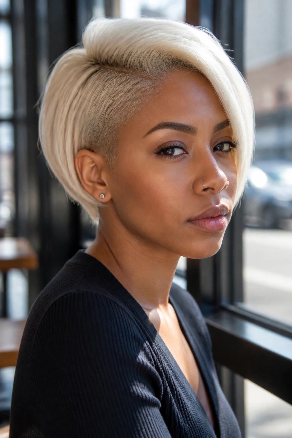 Real person with platinum blonde tapered bob in cafe window setting