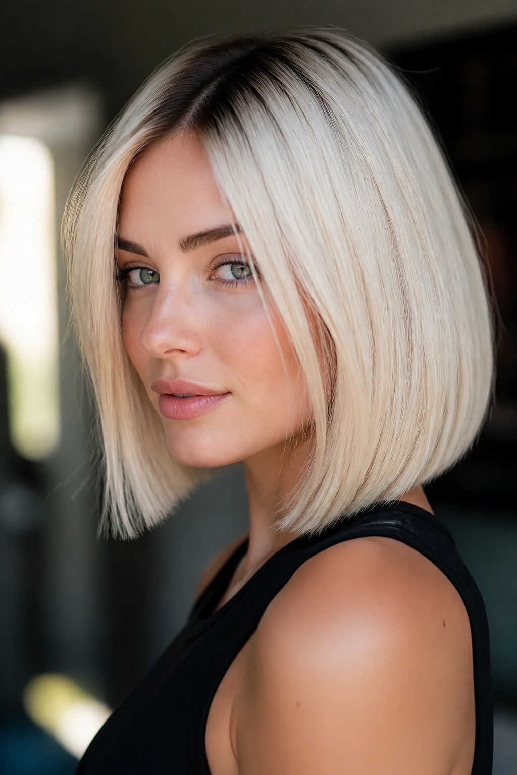 Close-up of a real woman wearing a platinum blonde straight bob with dark roots.