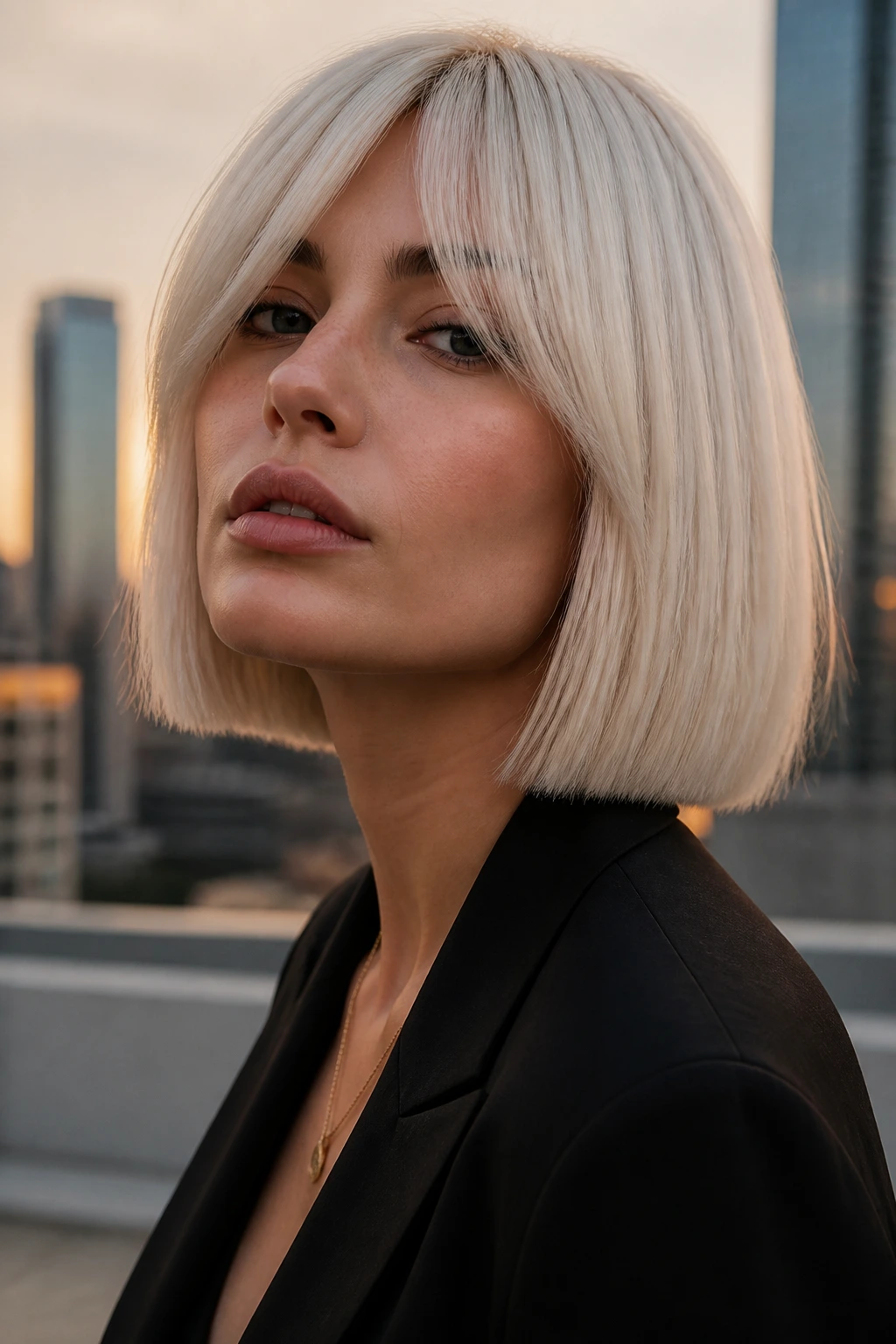 Close-up portrait of a real woman with a platinum bob and curtain bangs.