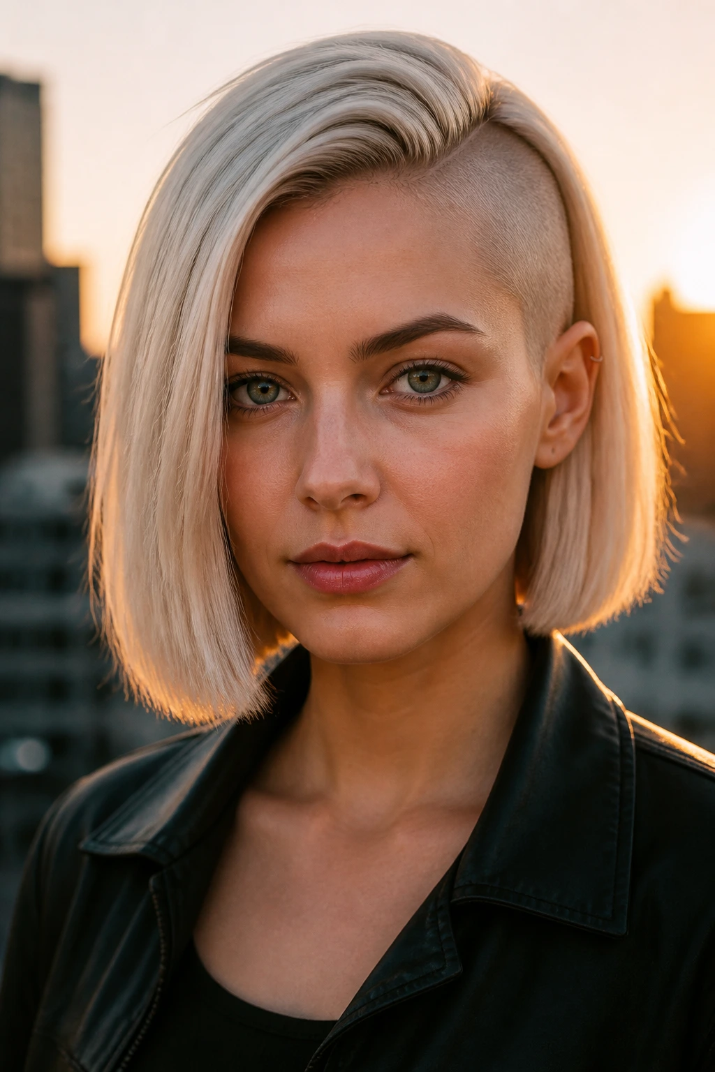 Front-facing portrait of a woman with platinum blunt bob and shaved temple