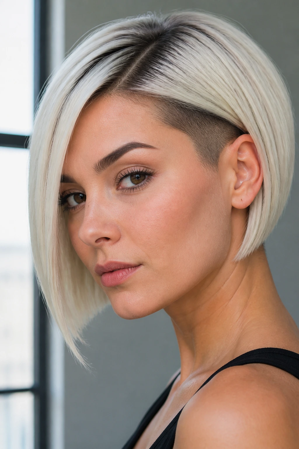 Portrait of a person with platinum bob and dark undercut