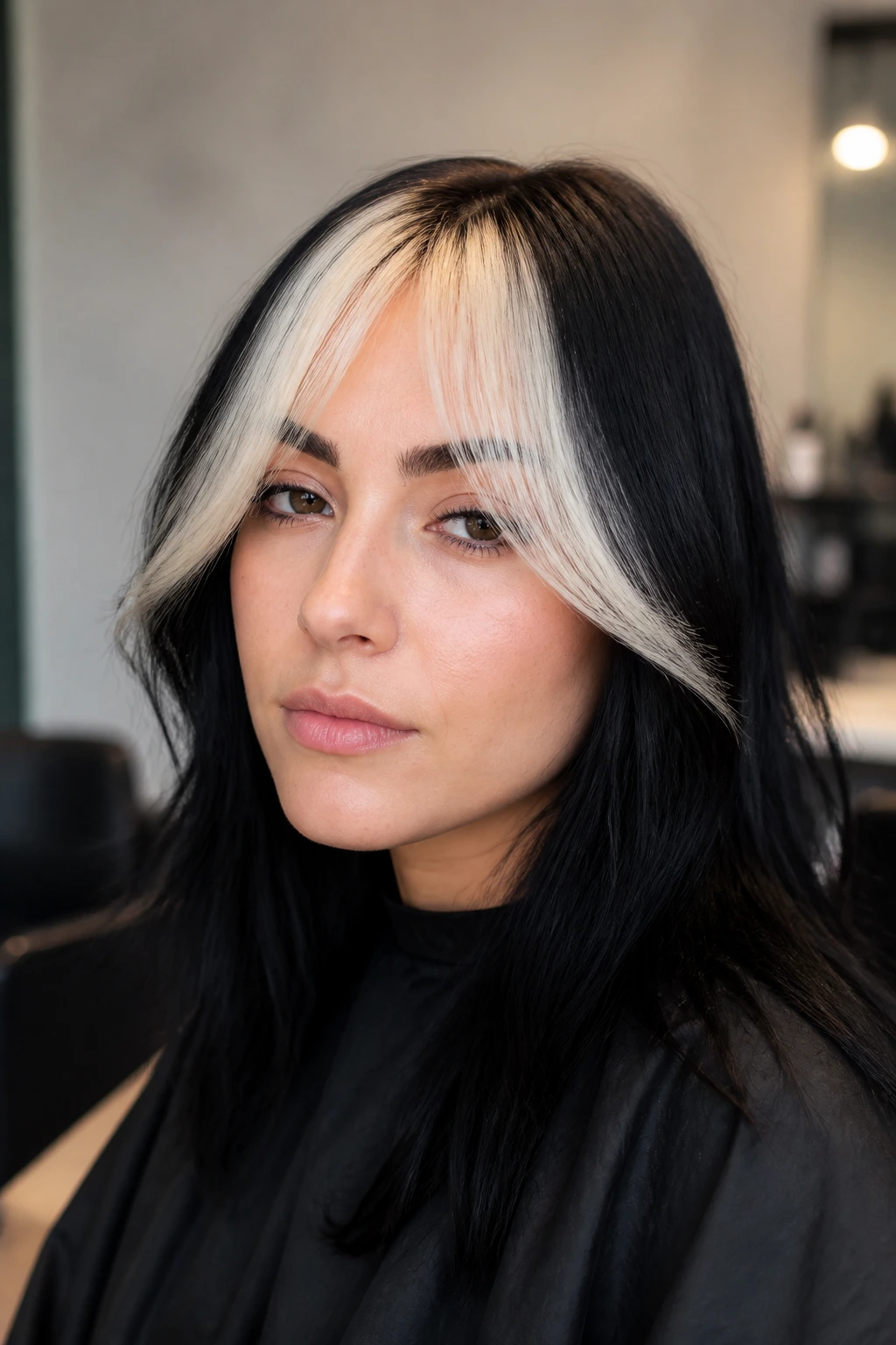 Close-up of a person with platinum bottleneck bangs on jet-black hair.