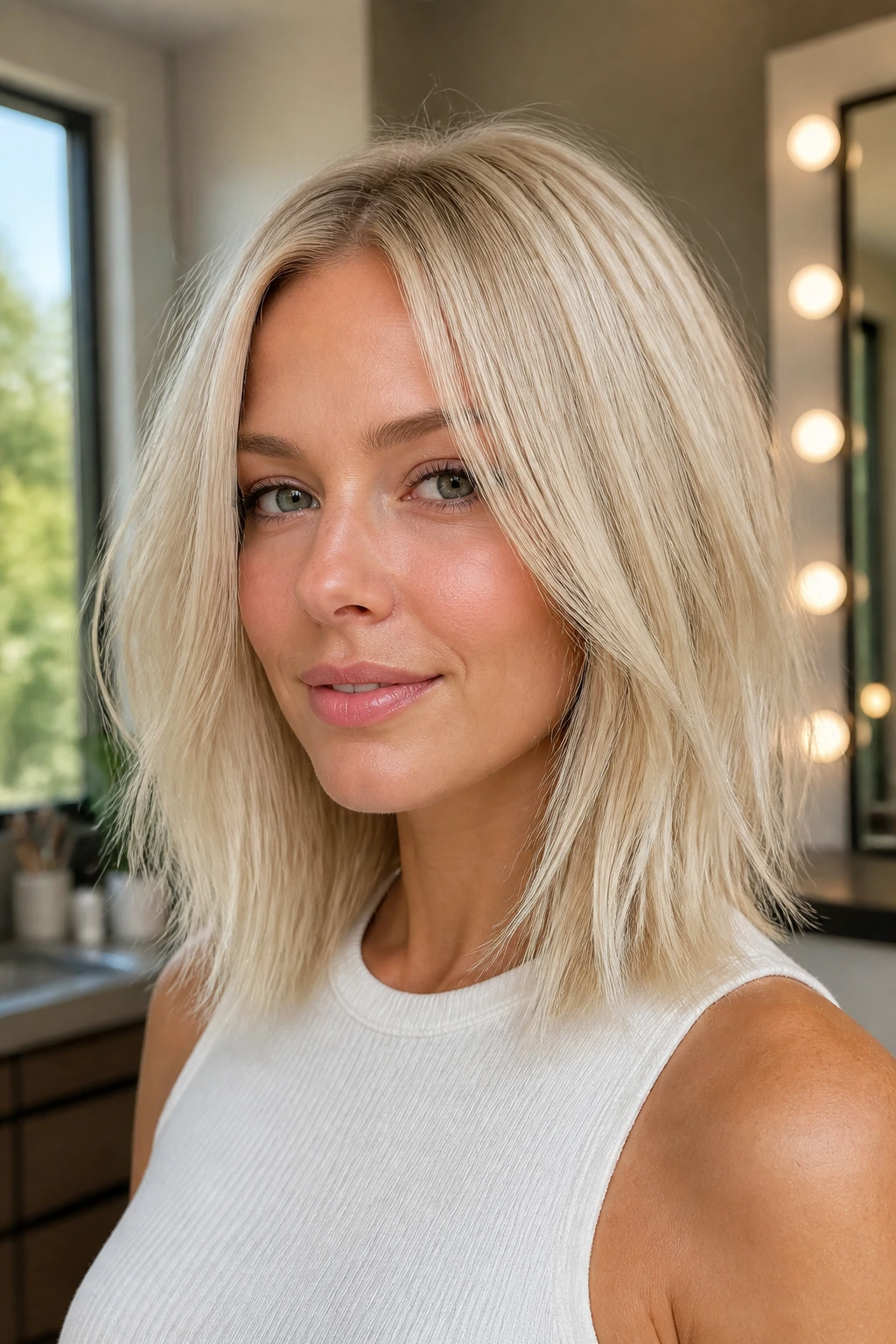 Close-up of a real woman with a textured platinum lob in icy blonde, calm expression