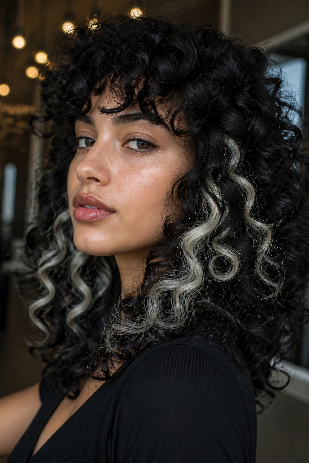 Close-up portrait of a real woman with platinum peak-a-boo streaks under jet-black spirals.