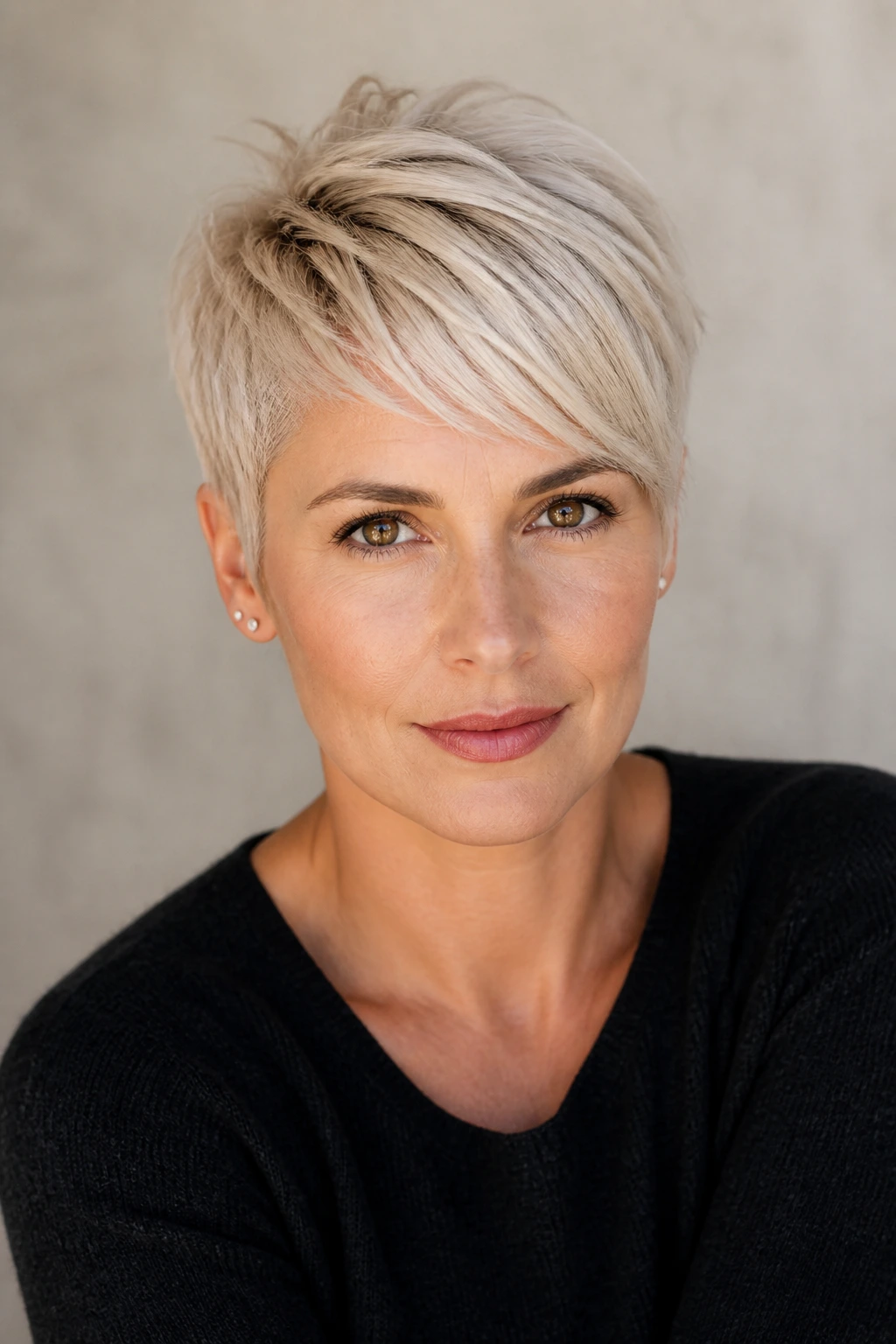 Real person with platinum pixie and side-swept fringe