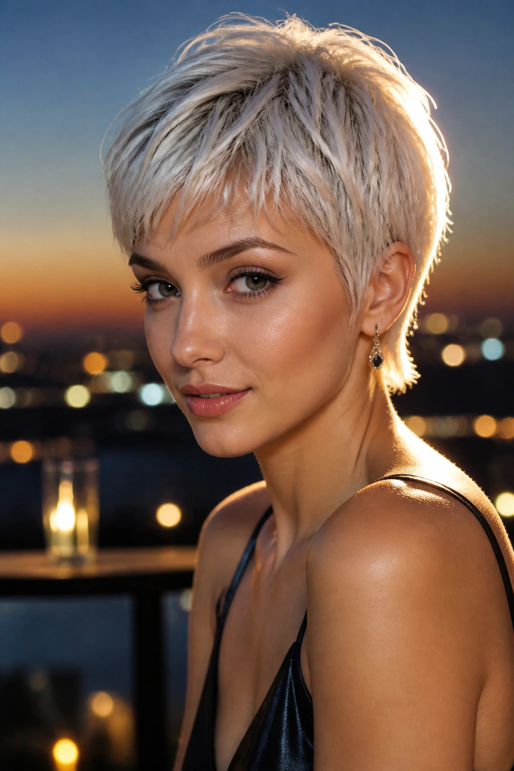 Close-up of a person with a platinum pixie under rooftop bar lights.