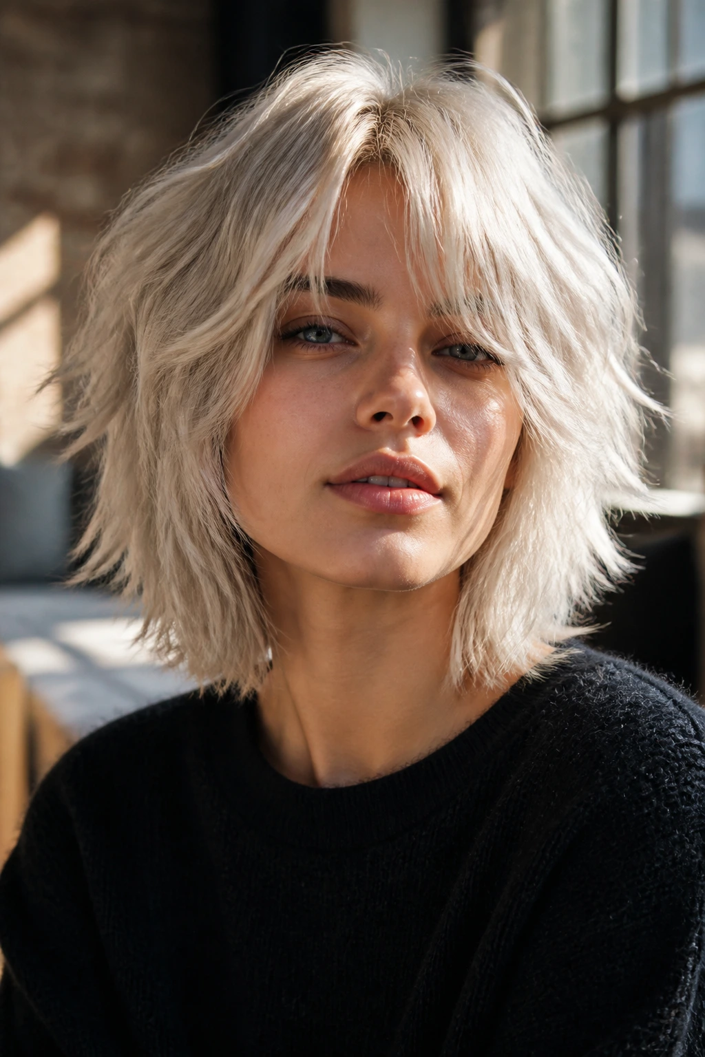 Portrait of a person with platinum shag and curtain bangs in daylight