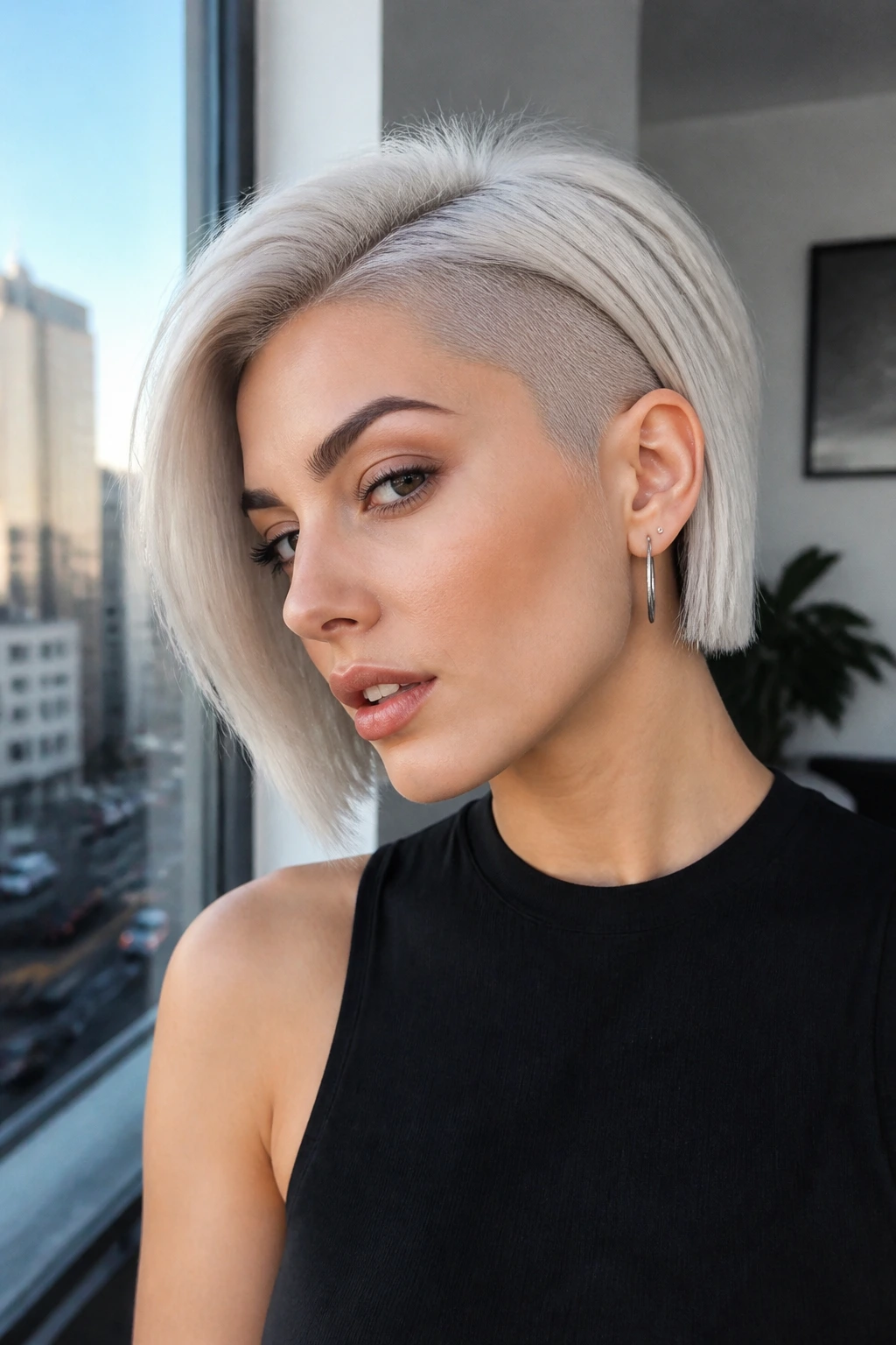 Close-up of The Platinum Shaved Bob on a real person with platinum hair