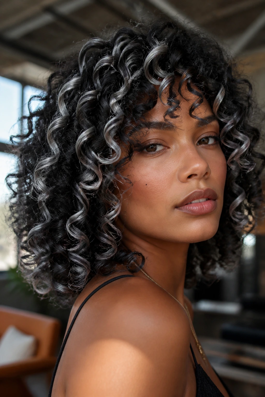 Close-up of a real woman with dark curls and platinum silver spiral streaks woven into the hair.
