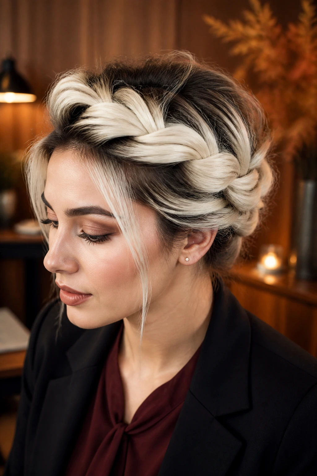 Portrait of a person with a dark-rooted platinum twisted crown