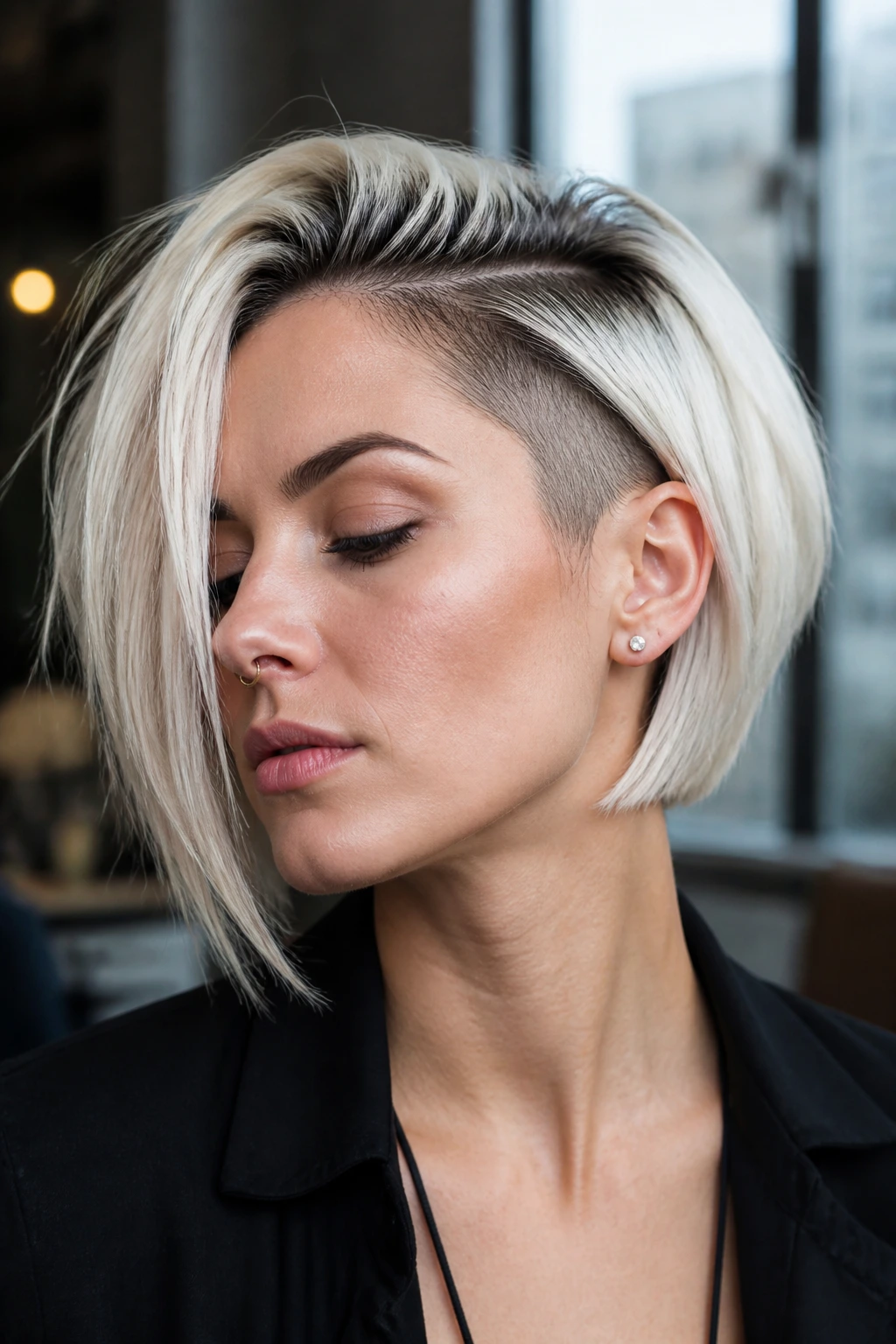 Portrait of a person with platinum high-contrast undercut bob in urban light