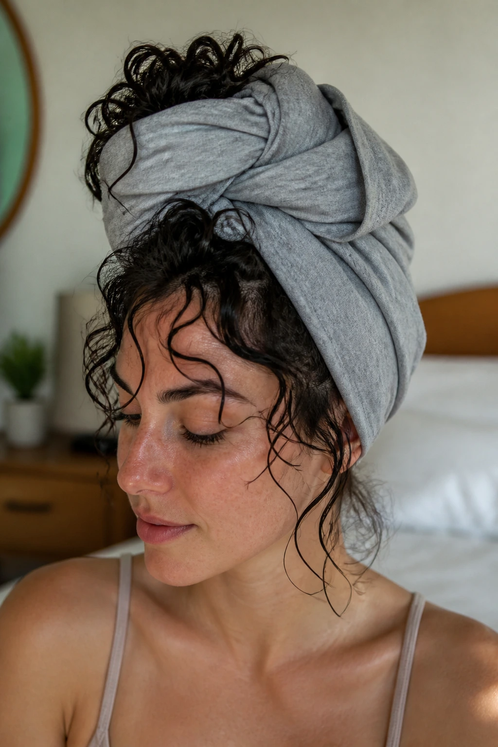 Real person with damp curls tucked under a cotton T-shirt for plopping technique