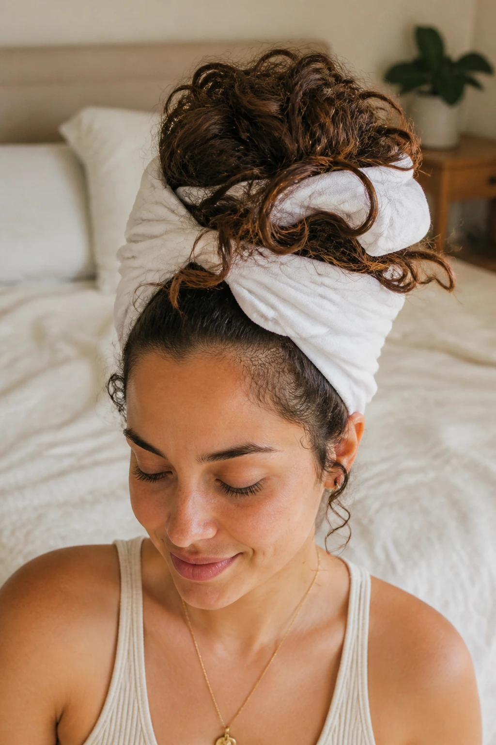 Close-up of a real woman with the plopped look featuring hair piled on top