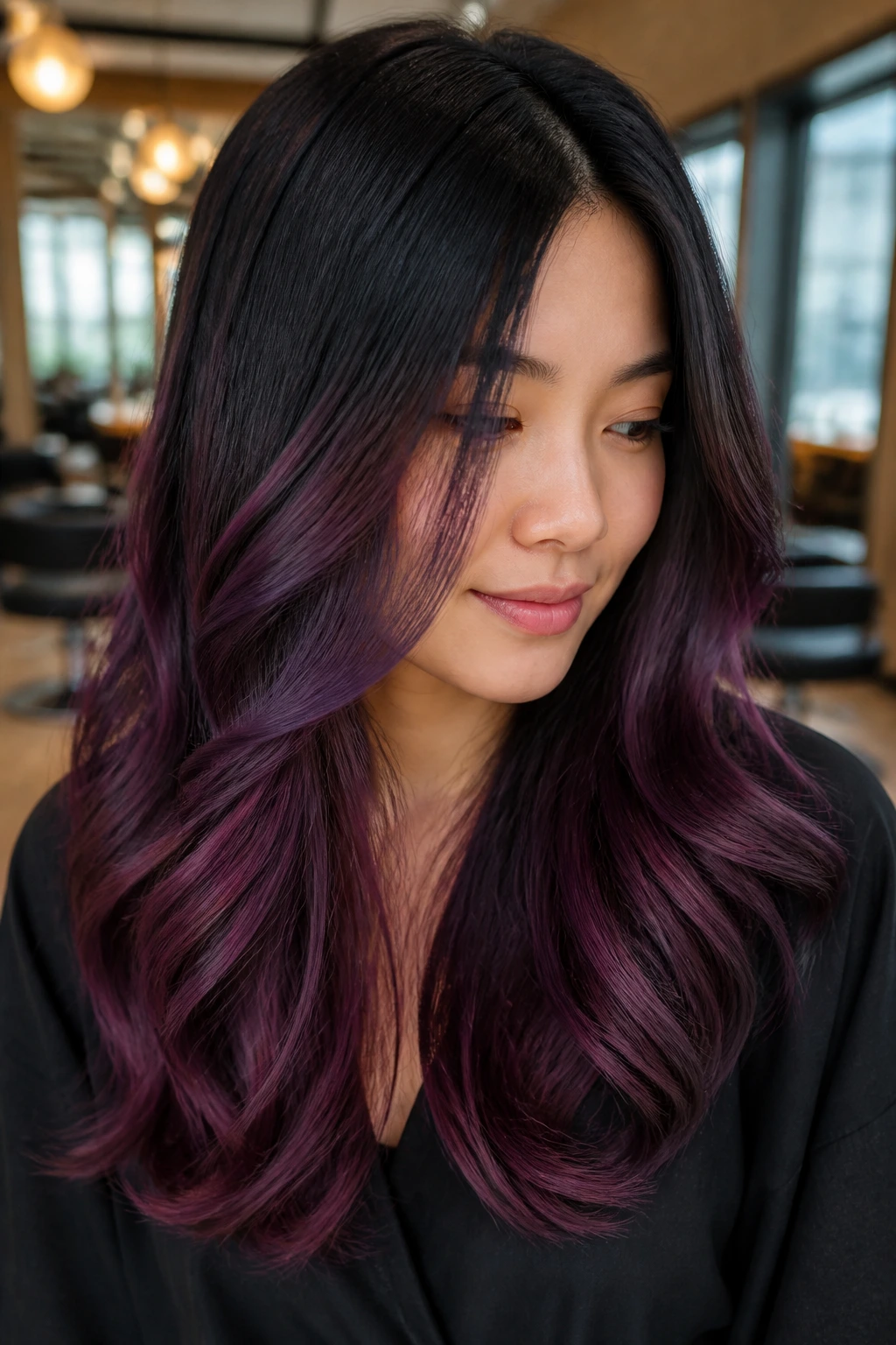 Close-up of an Asian woman with deep midnight plum balayage showing dark roots and plum ends