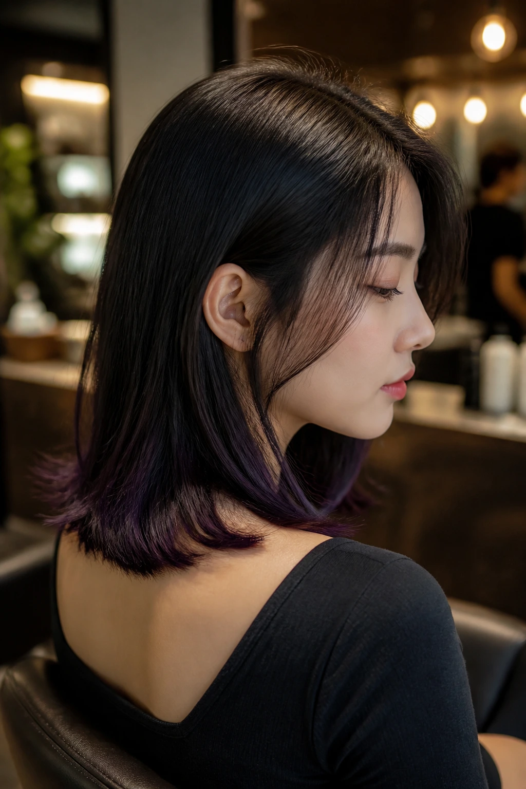 Side profile of a real Asian woman showing plum-black ends peeking from dark hair