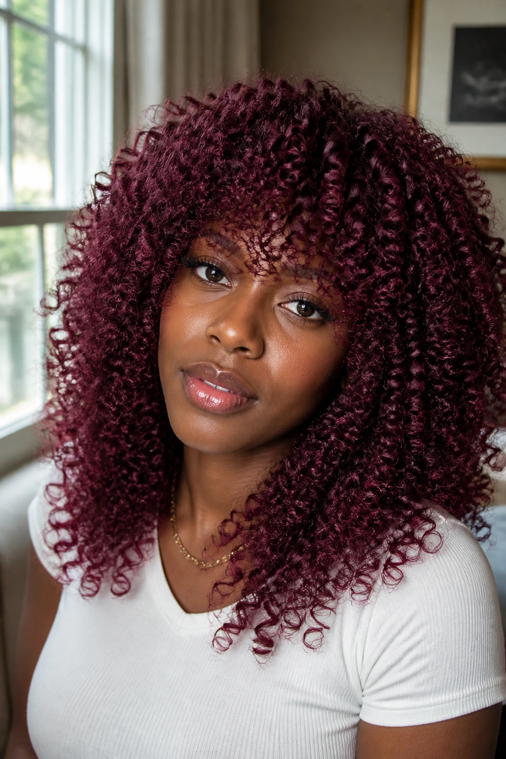 Close-up portrait of a real person with plum burgundy crochet curls and voluminous fringe