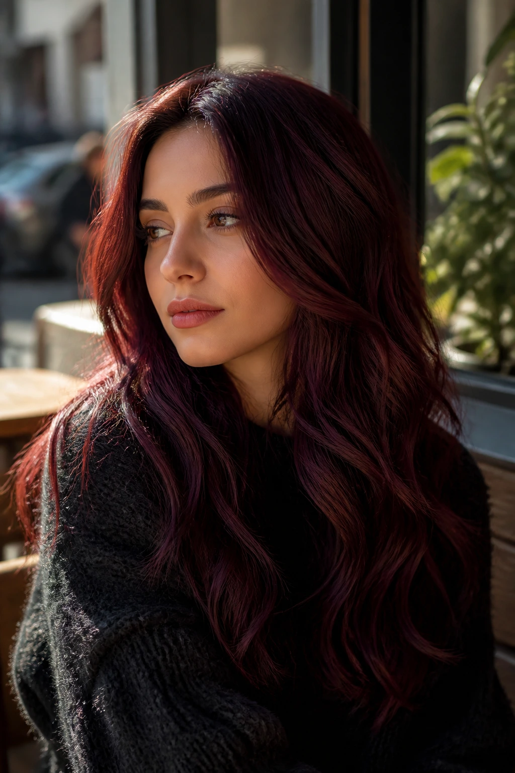 Real woman with deep plum-burgundy waves in a close-up.