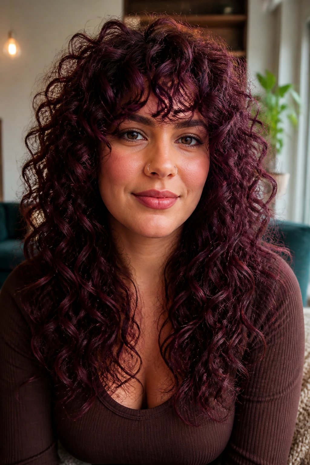 Close-up of a woman with plum curly shag and ringlet bangs