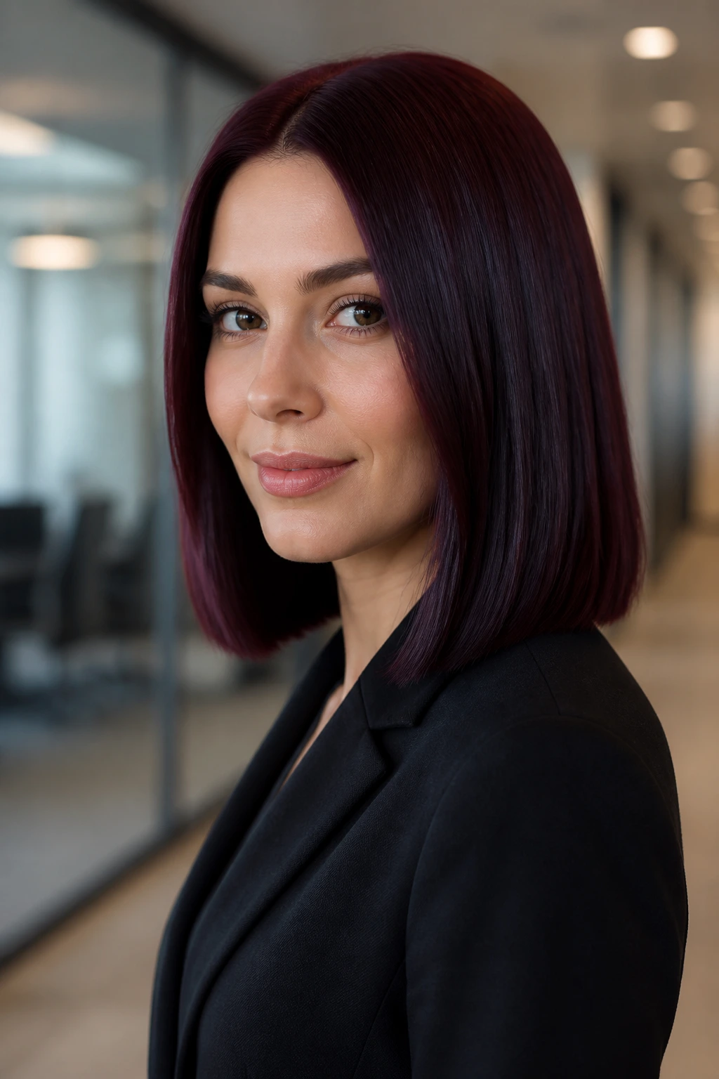Close-up portrait of a real woman with a plum long bob in a neutral office hallway