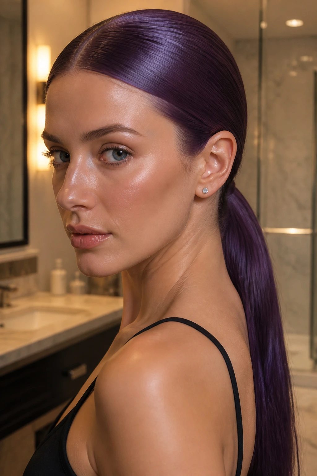 Portrait of a real person with plum slicked low ponytail