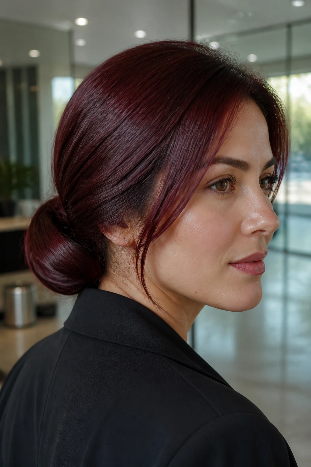 Close-up of a real woman with deep plum-infused maroon hair in a sleek low bun, office setting