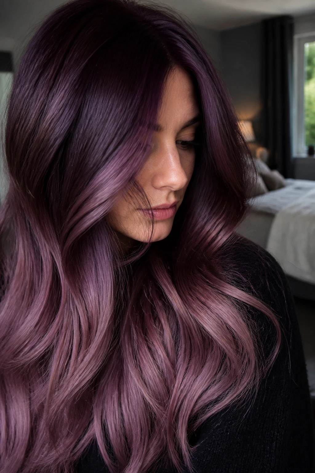 Close-up of a real woman's hair color melt from deep plum to dusty mauve