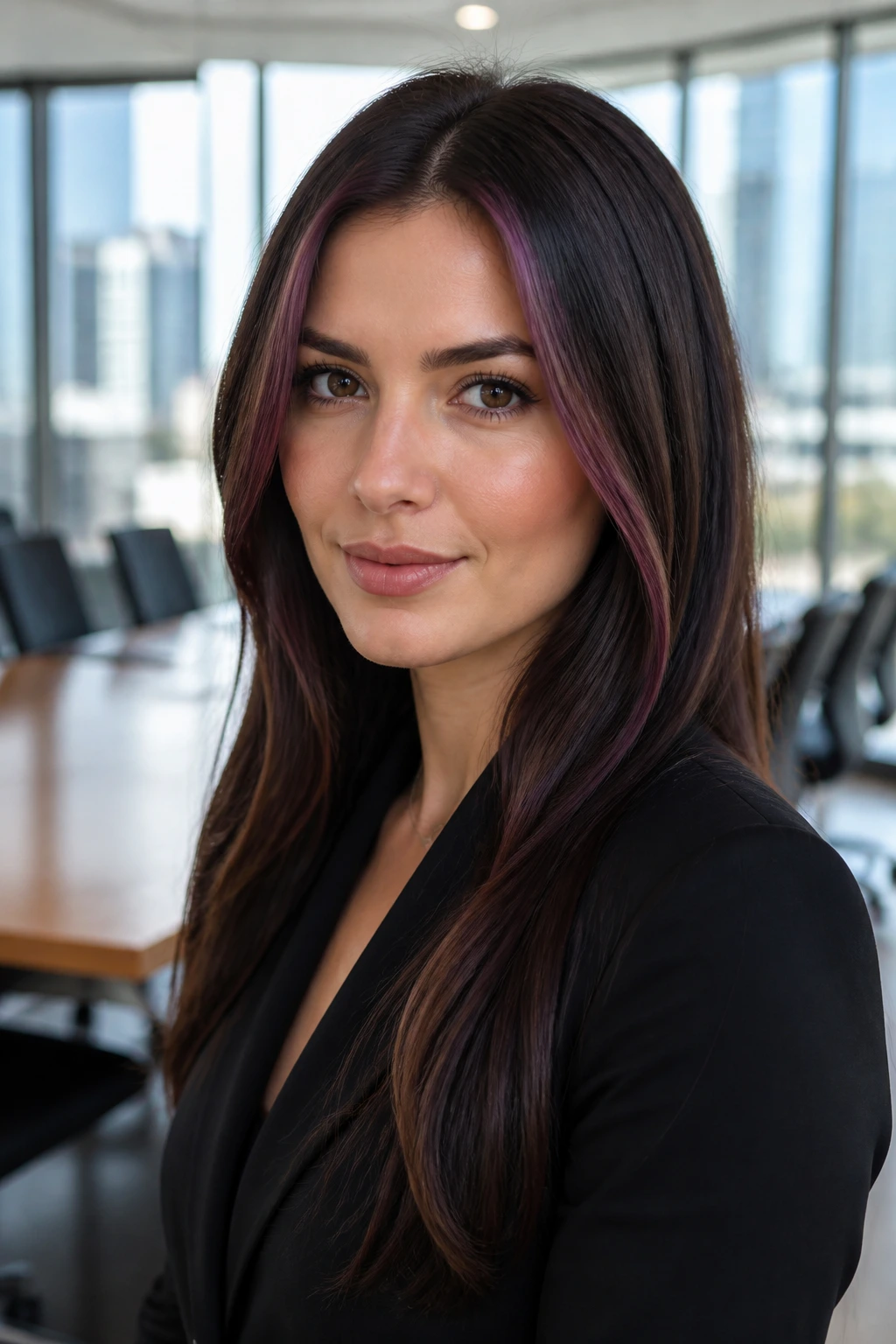 Close-up of a real woman with fine plum ribbons framing her face in a bright office.