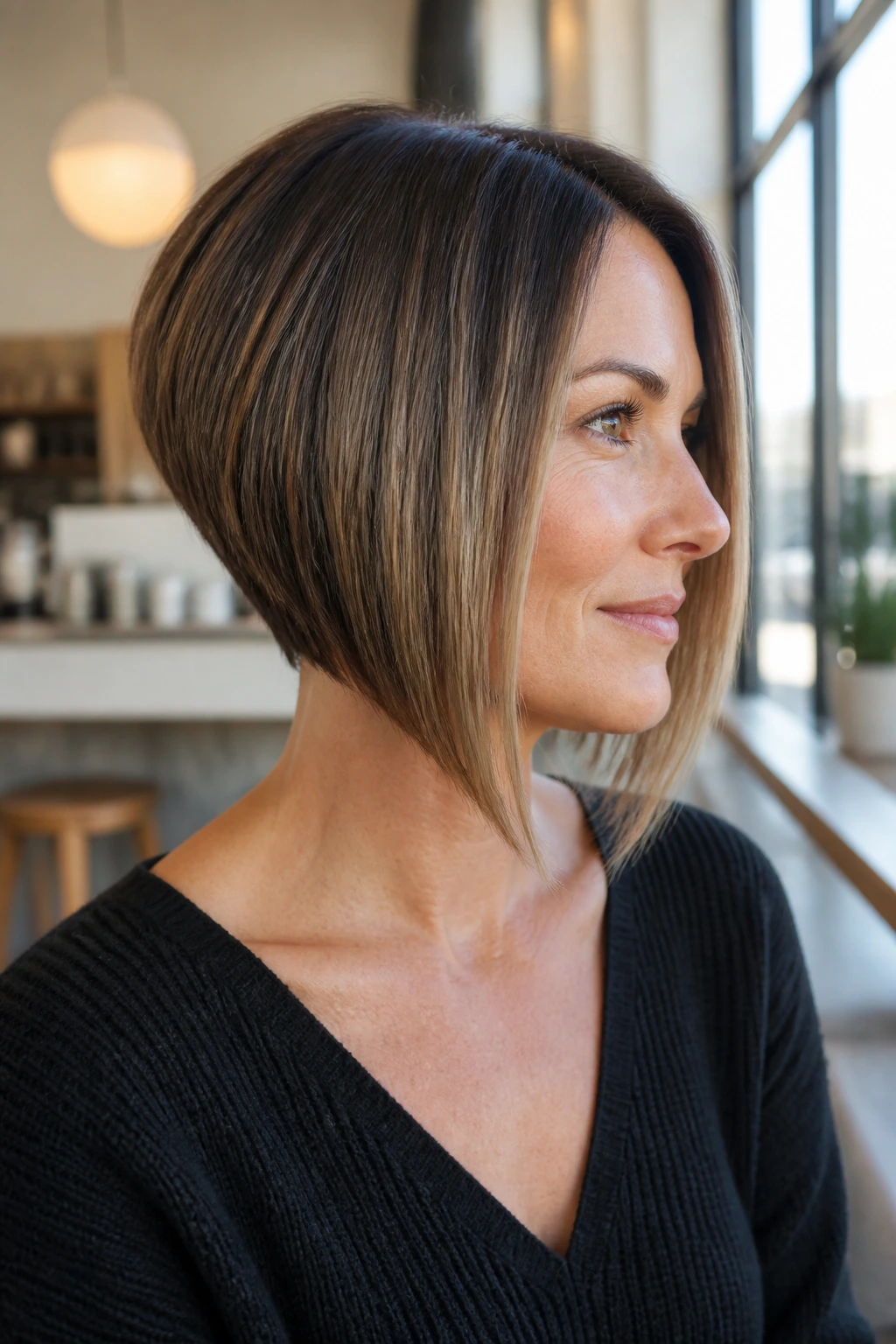 Close-up portrait of a real woman with stacked back and long front in Pob hairstyle