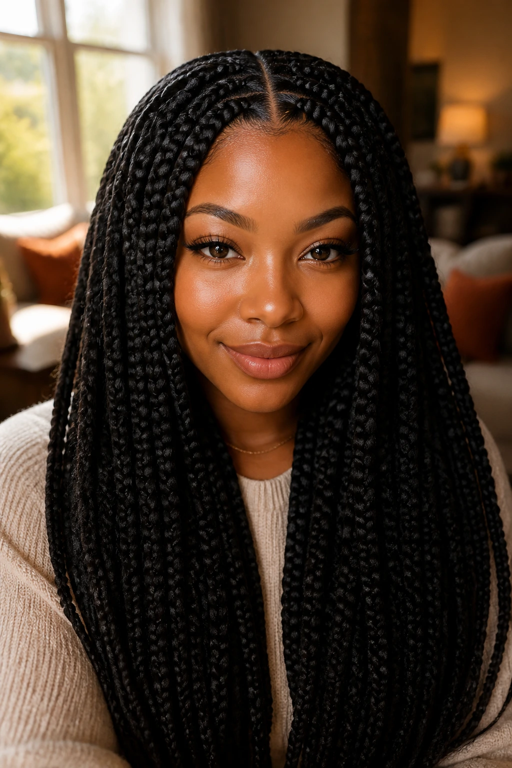 Portrait of a real person wearing Poetic Justice braids with a center part in a cozy home setting