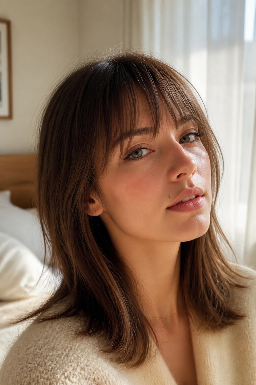 Close-up of a real person with a textured, airy point-cut fringe.
