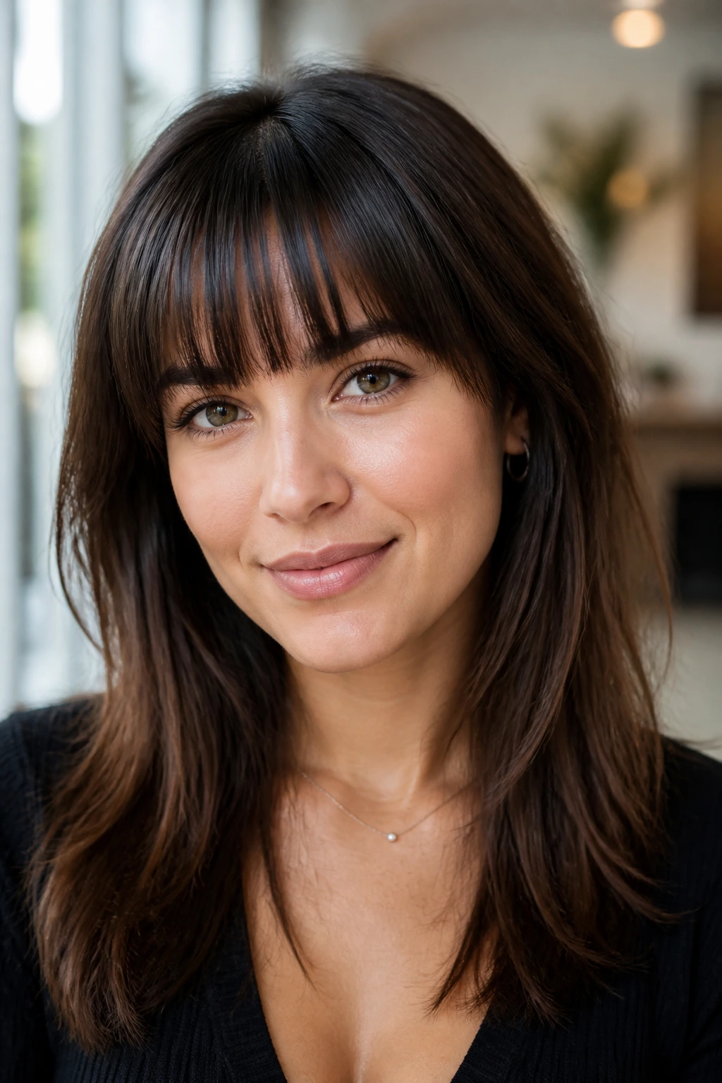 Real woman wearing straight-across bangs with interior weight-loss layers.
