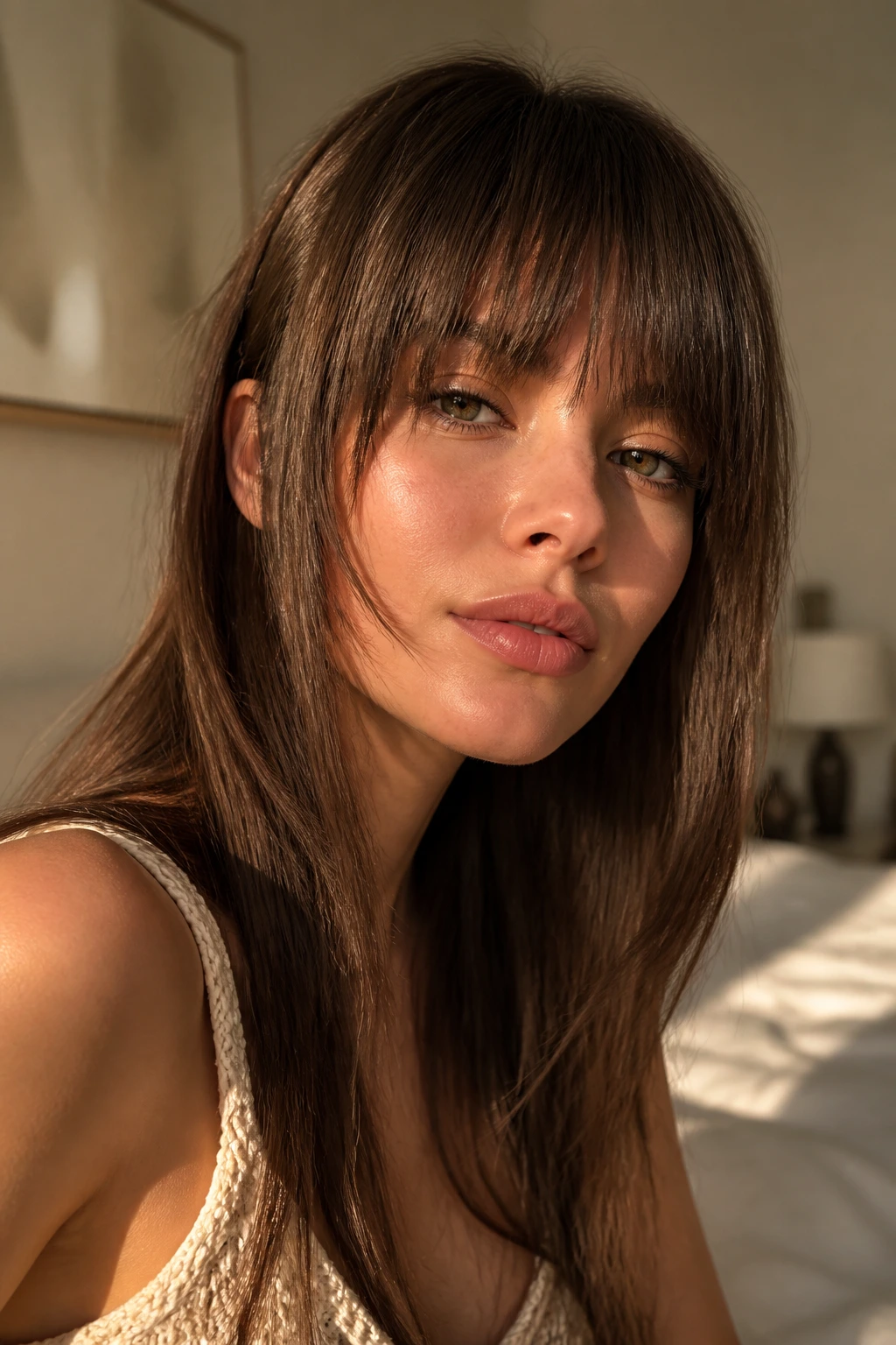 Close-up of a real woman with point-cut heavy bangs and tapered sides.