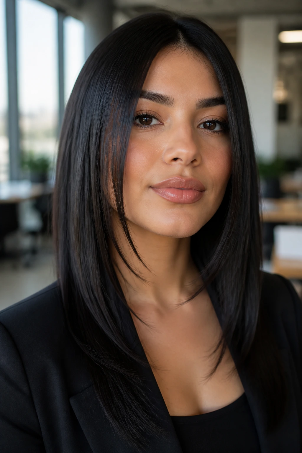 Close-up of a real woman with sleek point-cut face-frame and glossy straight hair