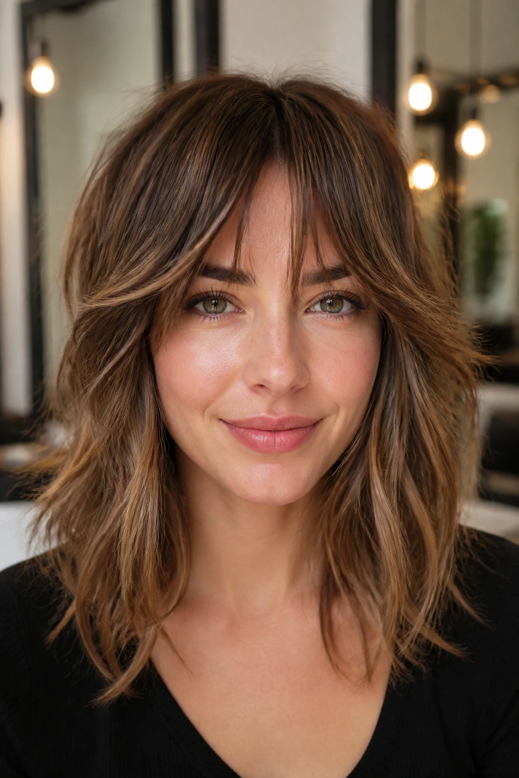 Close-up of point-cut framing bangs on a real person with textured ends