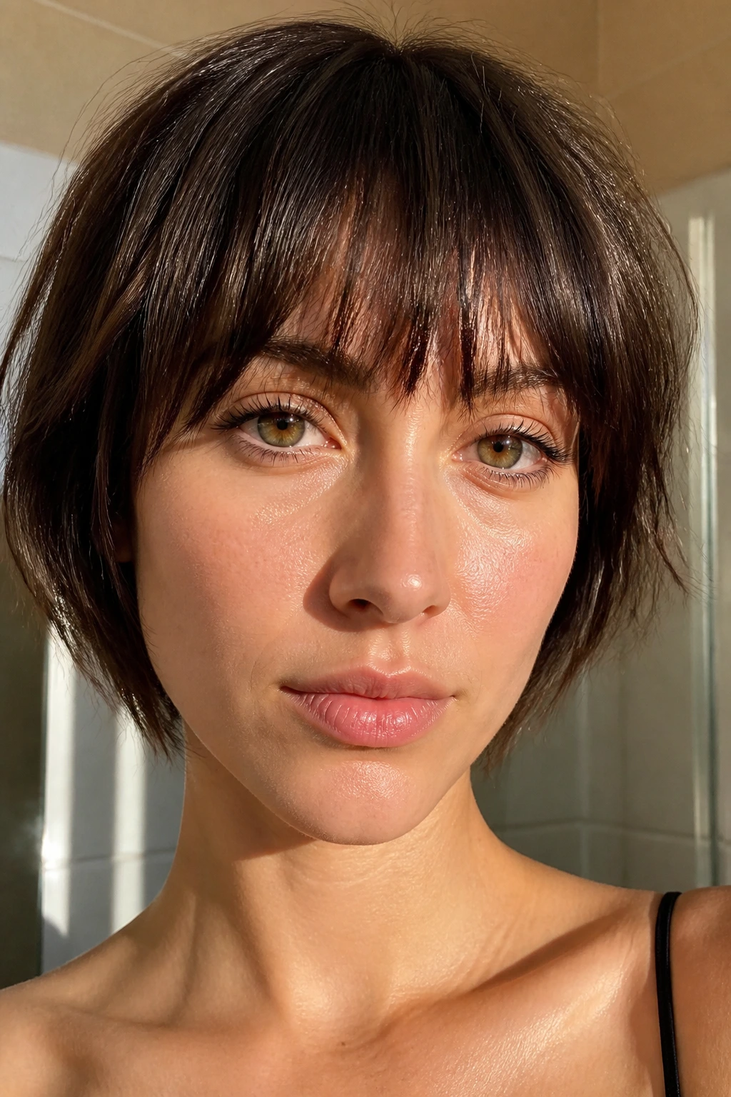 Close-up of textured brow-grazing fringe with vertical snip-cut