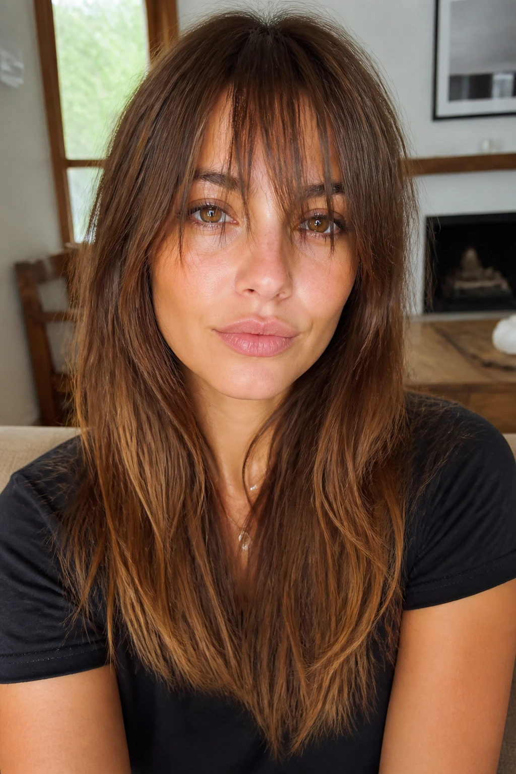 Real person with long, textured point-cut fringe in natural light