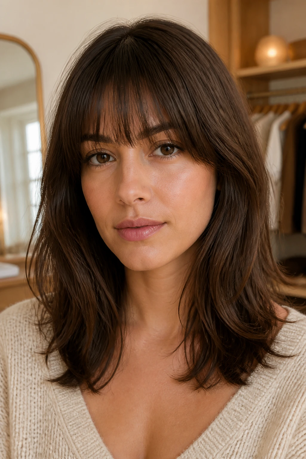 Close-up of a real woman with straight-across softly point-cut fringe in warm dressing room