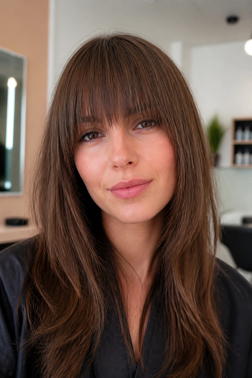 Close-up of a real person with tapered feathered ends on straight bangs