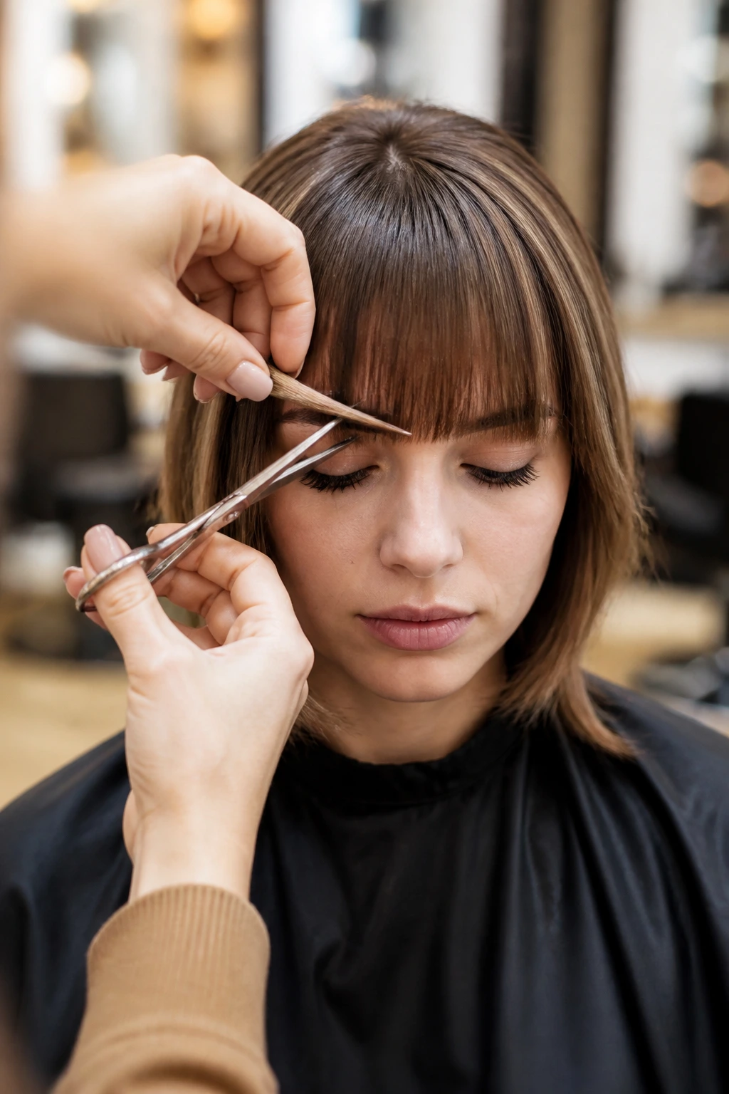 Close-up of a real client getting point-cutting on bangs by a stylist in a salon