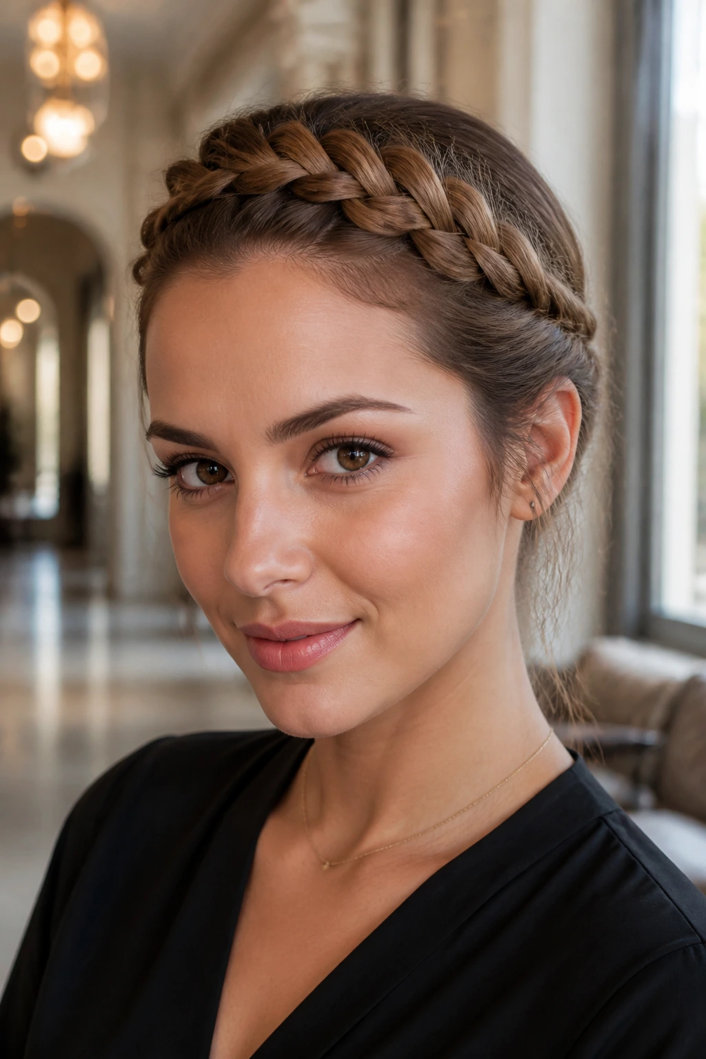 Close-up of a real woman wearing a polished braided headband across the hairline.