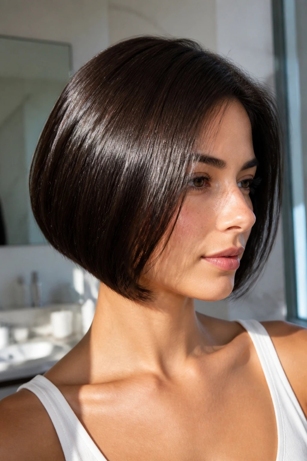 Close-up portrait of a woman with a glossy, polished bob