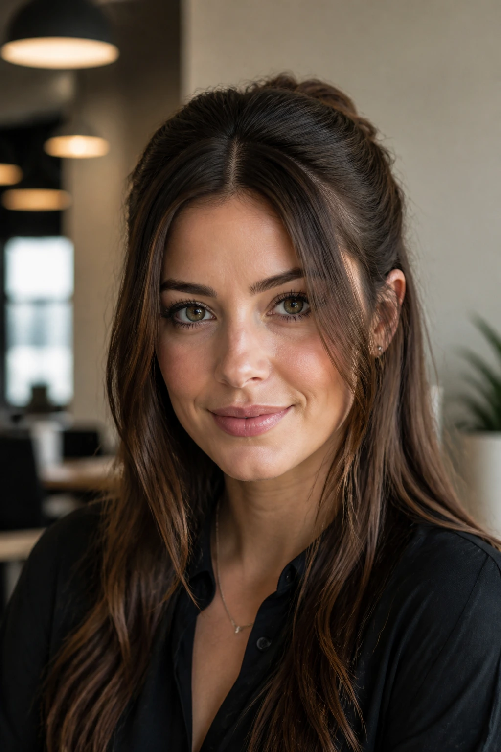 Close-up portrait of a real woman with a middle-part and polished half-up hairstyle.
