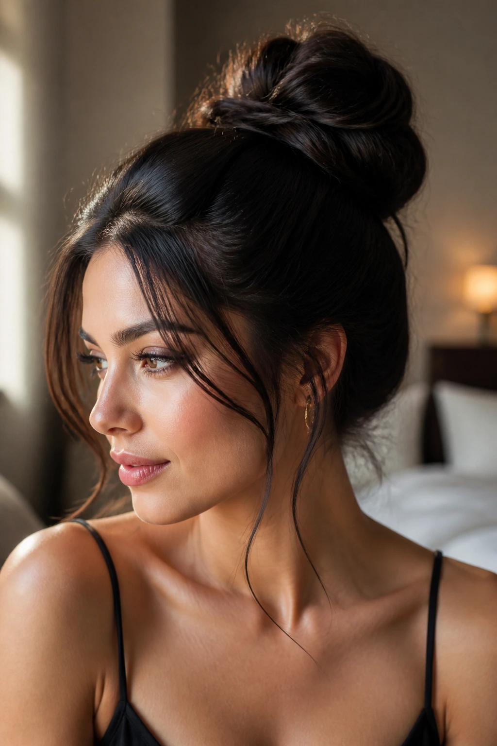 Close-up of a real woman with a polished high bun and face-framing tendrils in warm window-light setting.