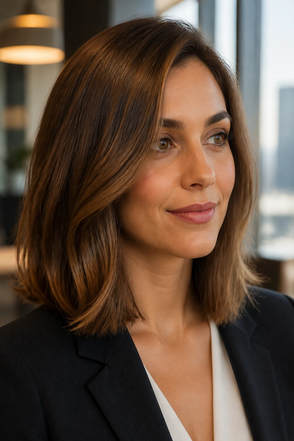 Close-up of a real woman with a shoulder-length polished lob and a soft barrel curl.