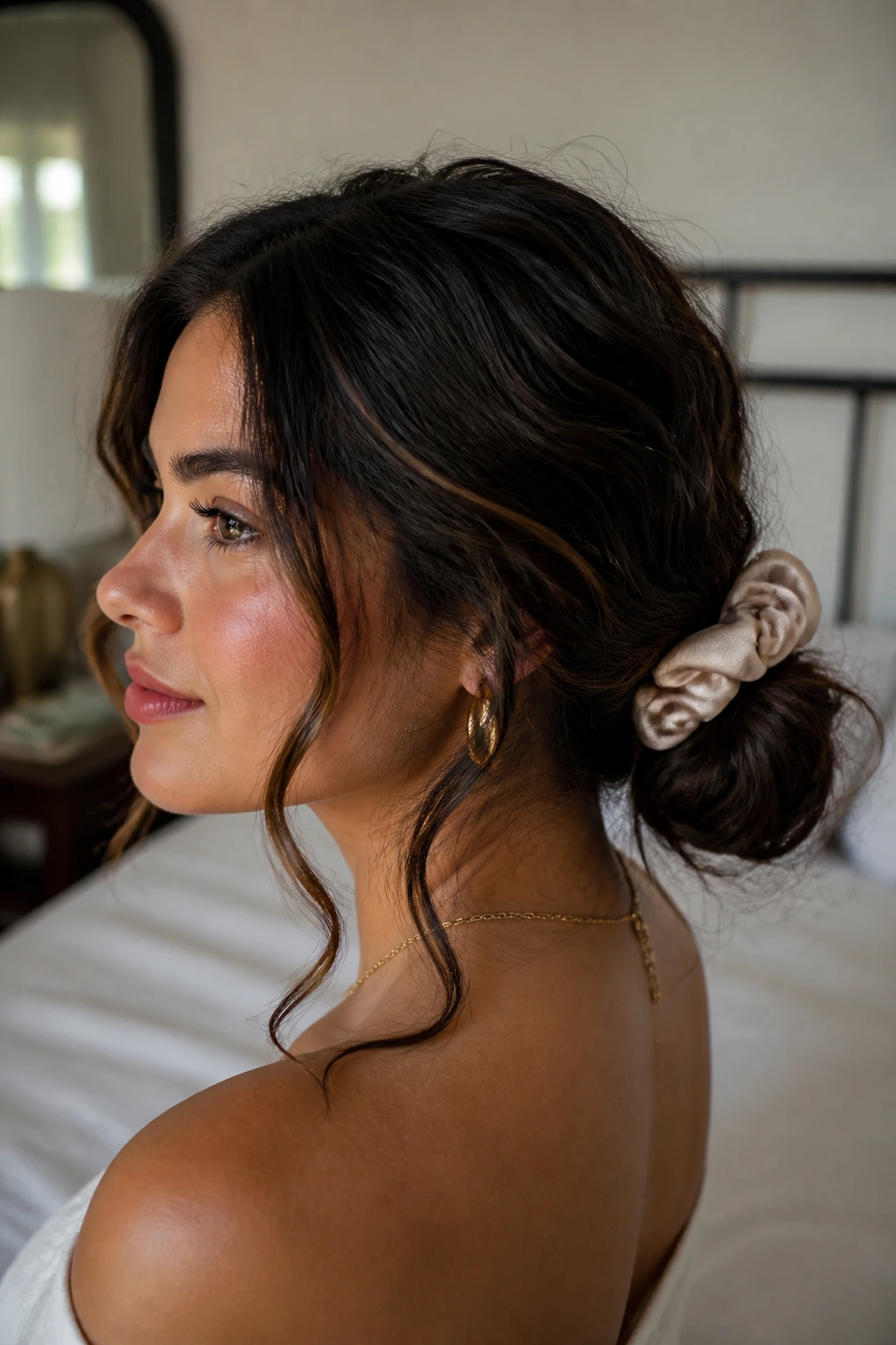 Close-up of a real woman with a polished low chignon at the nape and face-framing tendrils